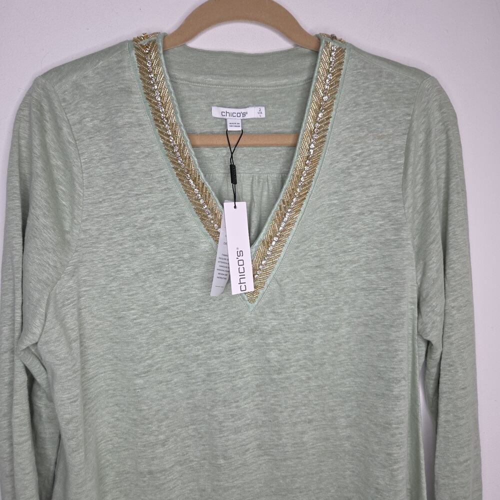 New Women's CHICO'S Linen V Neck Tunic Top w Beading Size 2 L